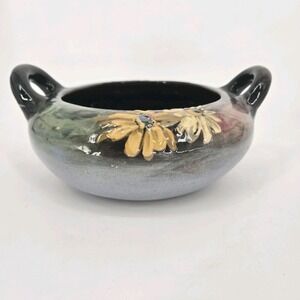 Weller Late Eocean Handled Bowl Slip Decorated Daisies Art Pottery Black Antique
